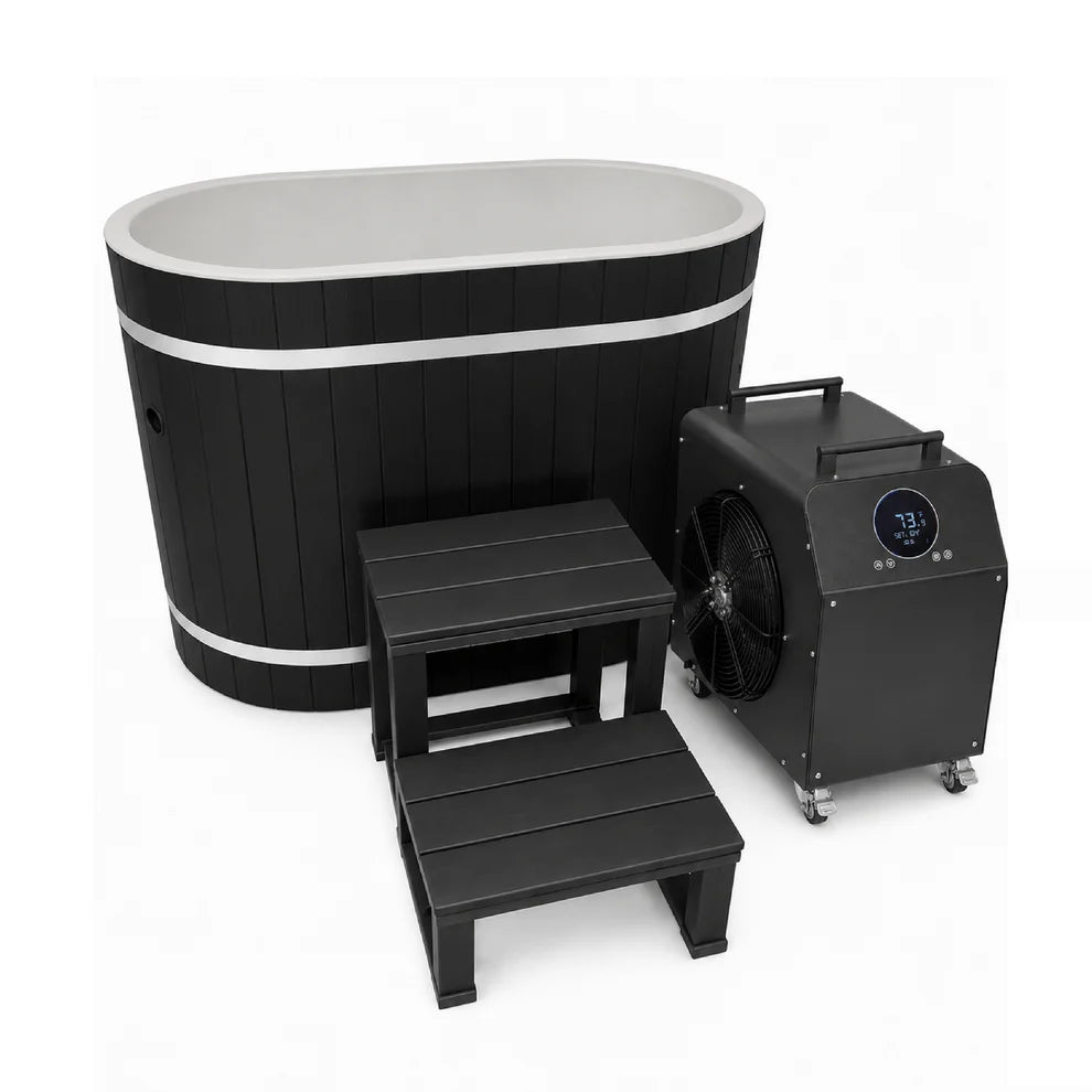 ***New 2026 Model*** DCT Oval Barrel Tub Cold Plunge (50-P) Pacific Cedar - 3/4 IN-OUT without Motor - Black Exterior