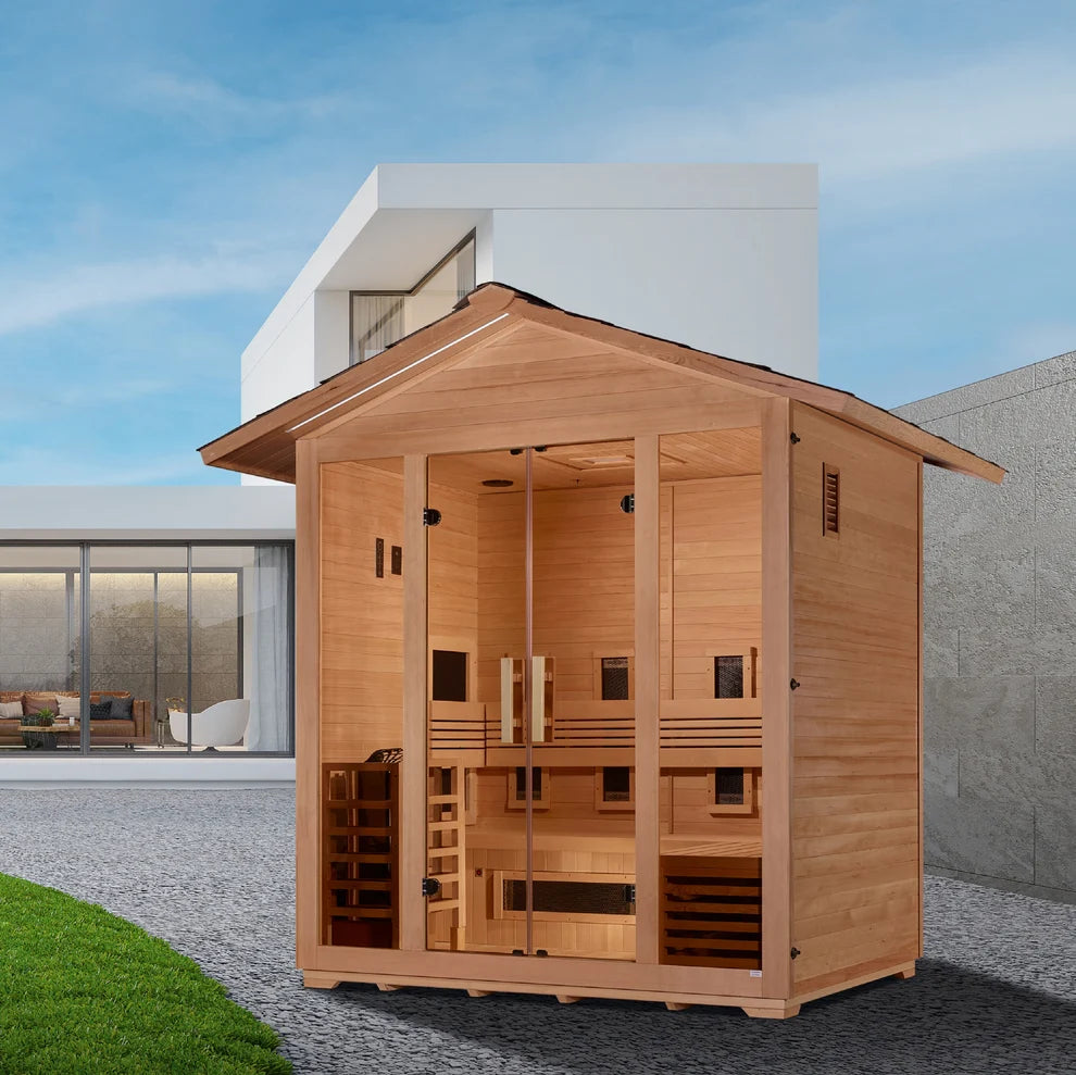 Golden Designs "Gargellen" 5 Person Hybrid (PureTech™ Full Spectrum IR or Traditional Stove) Outdoor Sauna (GDI-8125-01)