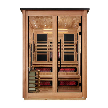 ***New 2026 Model*** Golden Designs "Kaskinen" 6 Person, Pacific Cedar Barn Hybrid (PureTech™ Full Spectrum IR or Traditional Stove) Outdoor Sauna (GDI-8526-02)