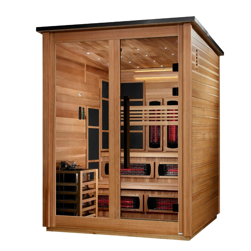 ***New 2026 Model*** Golden Designs "Kaskinen" 6 Person, Pacific Cedar Barn Hybrid (PureTech™ Full Spectrum IR or Traditional Stove) Outdoor Sauna (GDI-8526-02)