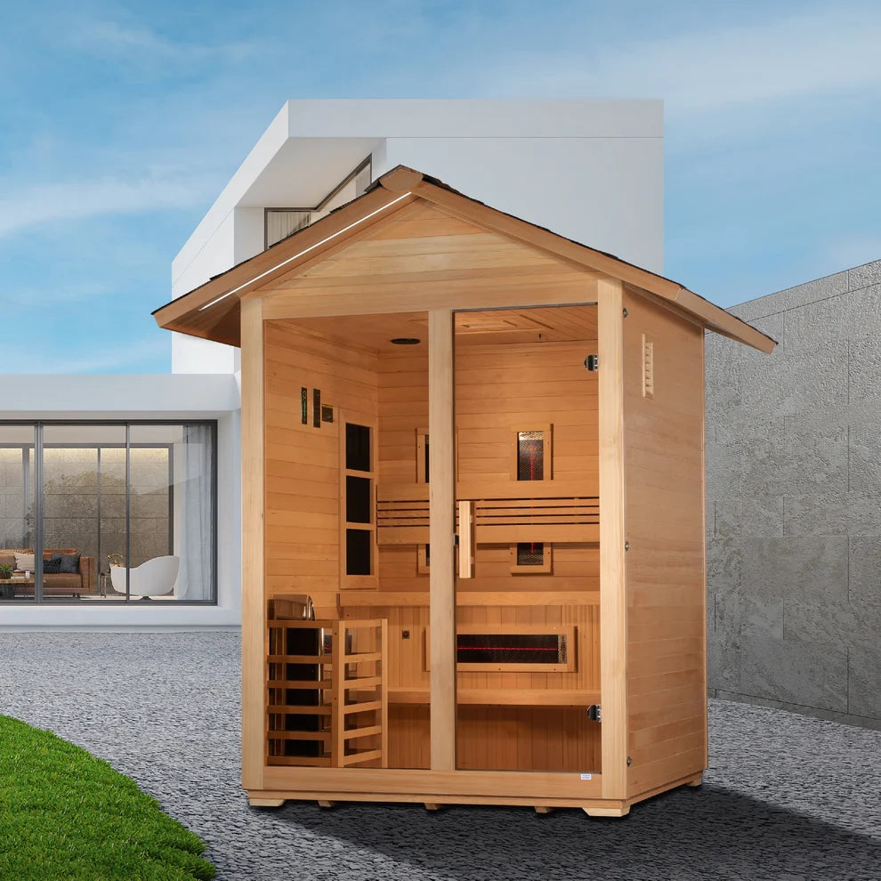 Golden Designs "Carinthia" 3 Person Hybrid (PureTech™ Full Spectrum IR or Traditional Stove) Outdoor Sauna (GDI-8123-01)