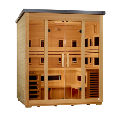 *New 2026 Model*** Golden Designs "Gargellen" 5 Person Hybrid (PureTech™ Full Spectrum IR or Traditional Stove) Flat Roof Outdoor Sauna (GDI-8025-01)