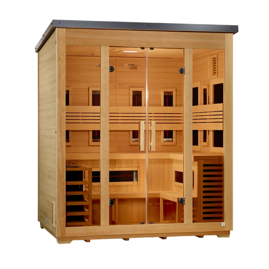 *New 2026 Model*** Golden Designs "Gargellen" 5 Person Hybrid (PureTech™ Full Spectrum IR or Traditional Stove) Flat Roof Outdoor Sauna (GDI-8025-01)