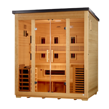 *New 2026 Model*** Golden Designs "Gargellen" 5 Person Hybrid (PureTech™ Full Spectrum IR or Traditional Stove) Flat Roof Outdoor Sauna (GDI-8025-01)
